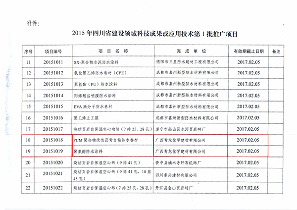 青龙公司两防水产品成功入选 四川防水